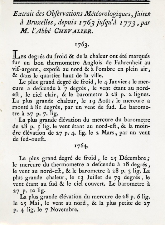 Les observations météorologiques de l'abbé Chevalier en 1763 à Bruxelles ont été publiées dans les "Mémoires" de l'Académie de Bruxelles.