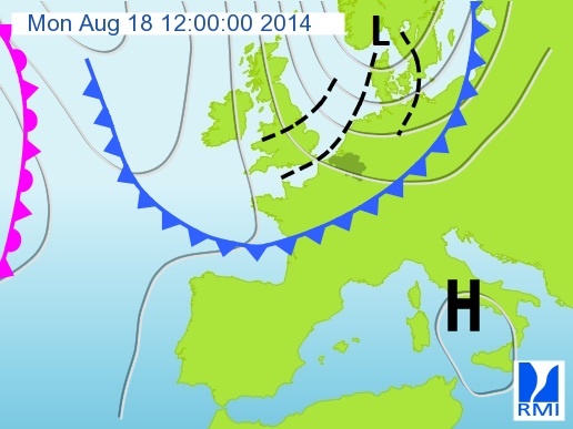 Een koufront heeft vanuit het zuidoosten ons land verlaten. In de polaire lucht achter dit front ontwikkelen zich verschillende buienlijnen (zie ook troggen). Het lagedrukgebied bevindt zich in het zuiden van Scandinavië, zodanig dat er een noordwestelijke stroming over onze streken waait.