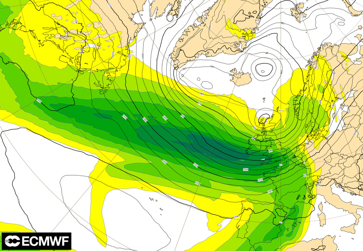 Pression atmosphérique au niveau de la mer du dimanche 9 février à 12h UTC (source : ECMWF).