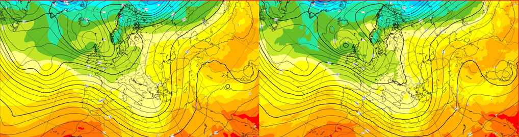 Figuur 1: vergelijking van een voorspelling met drie dagen voorspellingstermijn tussen het machine learning model en het numeriekeweersvoorspellingsmodel van ECMWF  (situatie op 12/2/2024), 500 hPa geopotentiale hoogte en 850 hPa temperatuur. Links, het AIFS (ECMWF) ML model, rechts het NWP model.