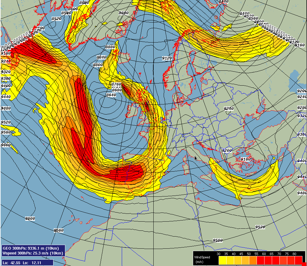 Figure 2. La vitesse du vent est exprimée en m/s, pour une pression correspondant à 300 hPa. Le co