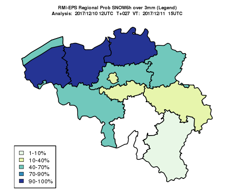 Predicted probability of snowfall with an amount of more than 3 mm on the basis of RMI EPS for a recent case on 11 December 2017.