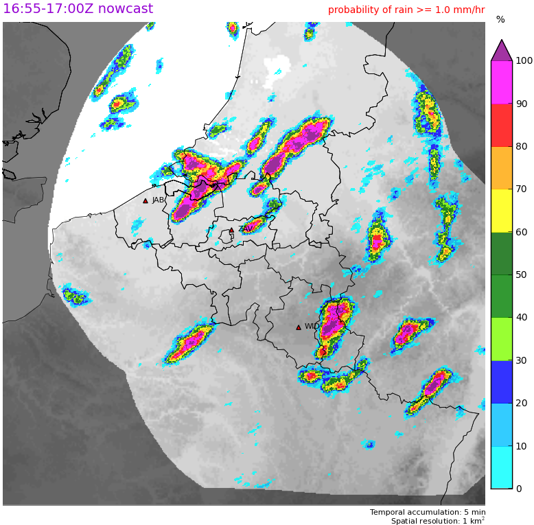 Kaart met de waarschijnlijkheid op matige neerslag (>1mm/uur) voorspeld door STEPS-BE