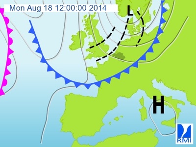 Een koufront heeft vanuit het zuidoosten ons land verlaten. In de polaire lucht achter dit front ontwikkelen zich verschillende buienlijnen (zie ook troggen). Het lagedrukgebied bevindt zich in het zuiden van Scandinavië, zodanig dat er een noordwestelijke stroming over onze streken waait.
