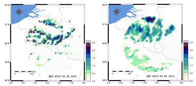 Vergelijking tussen de neerslagdata van de weerradar van het KMI te Wideumont en satelliet schattingen van het H-SAF project (H03 neerslagprodukt) voor 26 april 2016.
