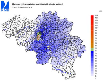 Cartes provisoires des quantités de précipitations relevées entre les 14 et 15 juillet 8h TL, et entre les 15 et 16 juillet 8h TL