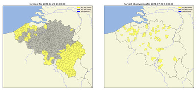 Figure 2 : A gauche : prévision pour le 20 juillet 2021 13h UTC (jaune = ensoleillé, gris = fortement nuageux). A droite : les observations de l'application avec par commune l'observation la plus fréquente, ensoleillée partout.