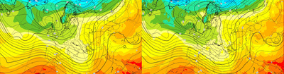 Figuur 1: vergelijking van een voorspelling met drie dagen voorspellingstermijn tussen het machine learning model en het numeriekeweersvoorspellingsmodel van ECMWF  (situatie op 12/2/2024), 500 hPa geopotentiale hoogte en 850 hPa temperatuur. Links, het AIFS (ECMWF) ML model, rechts het NWP model.