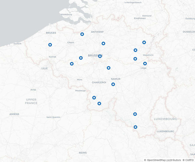 Emplacements des 16 stations réparties à travers la Belgique.