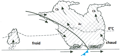 Figure 2. Coupe verticale d’un front froid. La courbe noire représente la ligne de séparation en