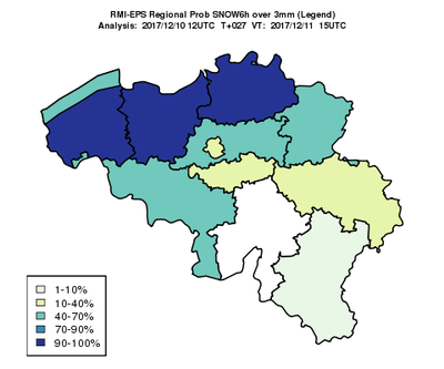 Die vorhergesagte Schneefallwahrscheinlichkeit mit mehr als 3 mm Schnee, berechnet vom RMI EPS (Fall 11/12/2017).