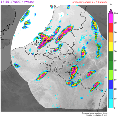 Carte montrant la probabilité de précipitations modérées (>1mm/heure). Prévision du modèle STEPS-BE.