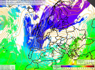 Carte, issue des prévisions du modèle ECMWF pour ce vendredi à 2h00 (0h00 TU), montrant l'invasion d'air froid d'origine polaire sur l'Europe Occidentale (les couleurs sont liées à la température à 1500 m), avec l'enroulement de la perturbation (en blanc) sur le Benelux, source des précipitations hivernales. Les lignes en orange (isohypses à 850 hPa) mettent en évidence la présence d'une dorsale anticyclonique sur le Proche Atlantique et d'une zone dépressionnaire centrée sur les Alpes; l'air froid étant canalisé entre ces deux systèmes.