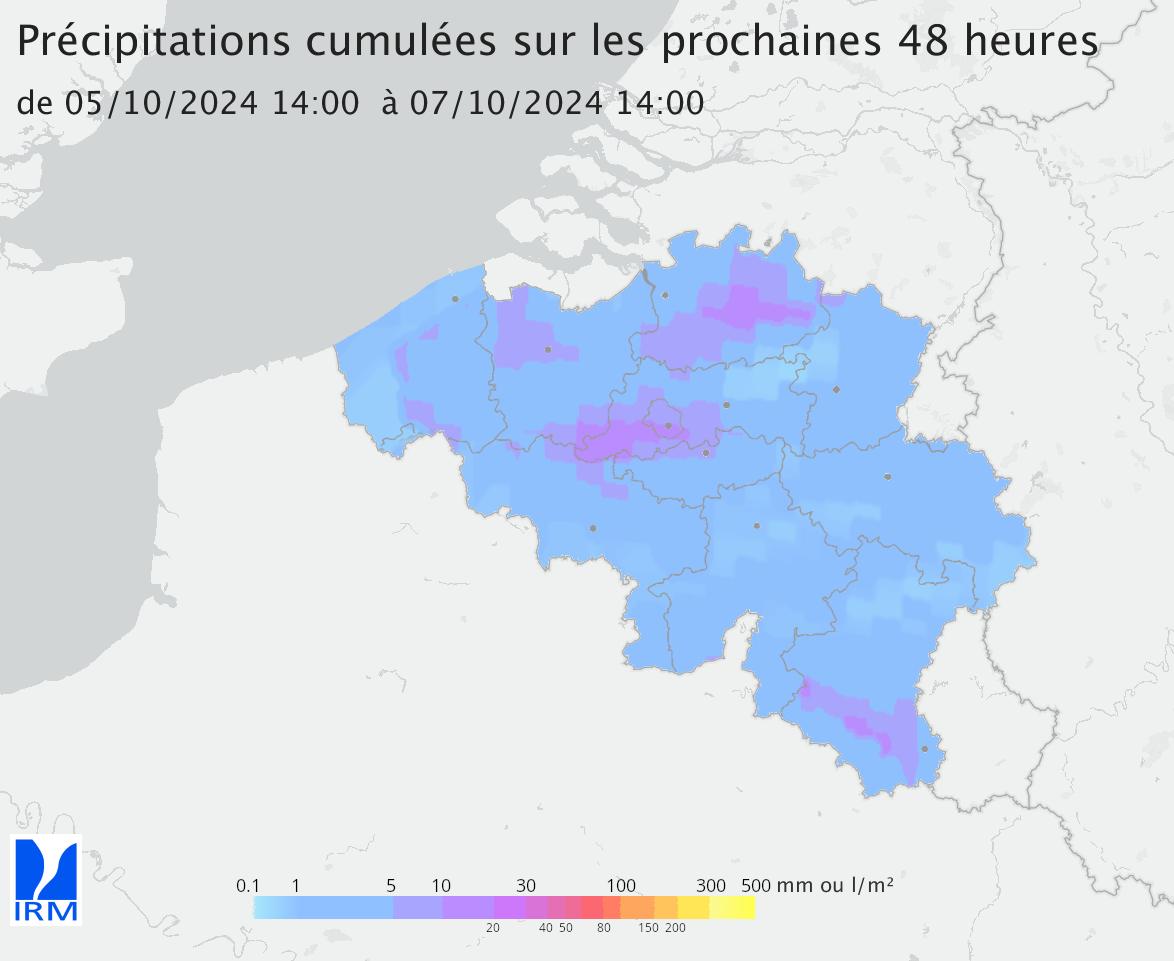 Cumuls des précipitations pour les prochaines 48 heures à venir