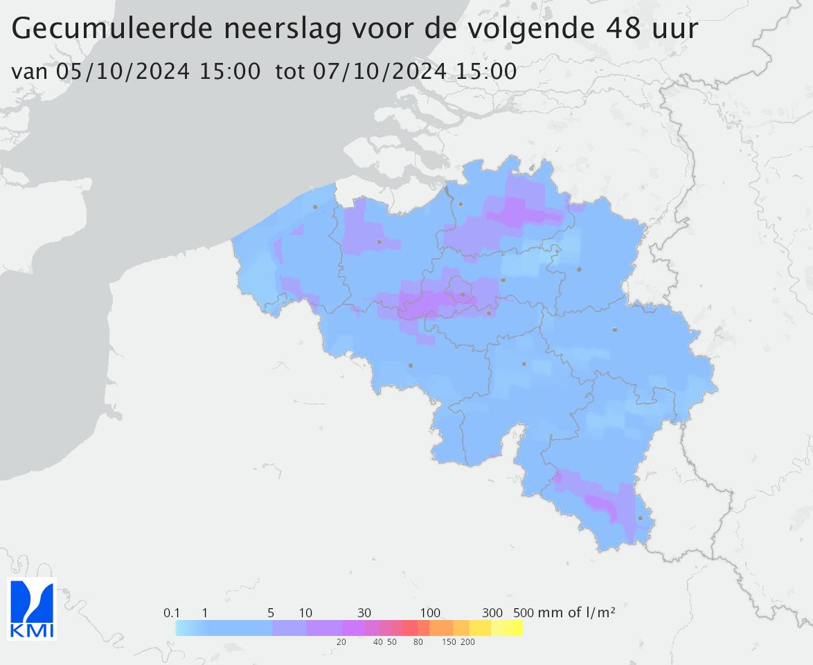 Verwachte neerslagtotalen volgende 48h