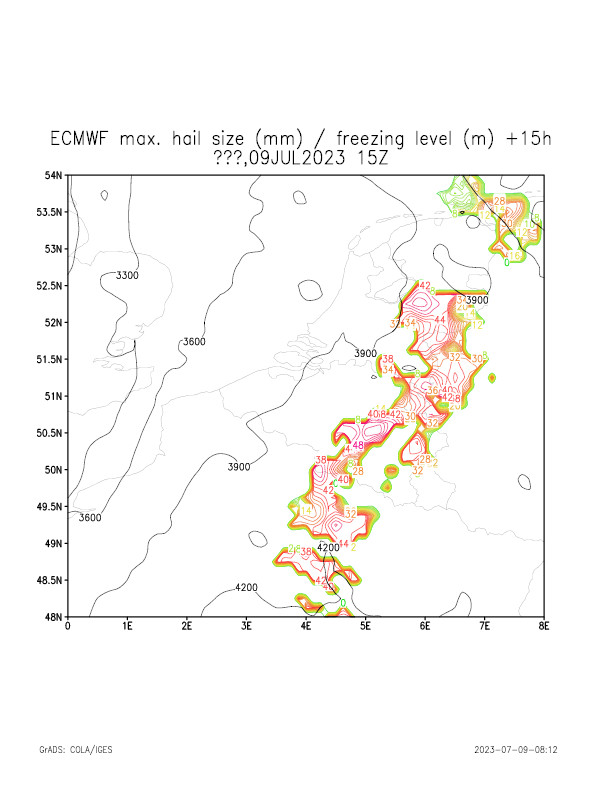 Prévisions de la taille des grêlons à partir du modèle ECMWF (à gauche) et du modèle ALARO de l'IRM (à droite).